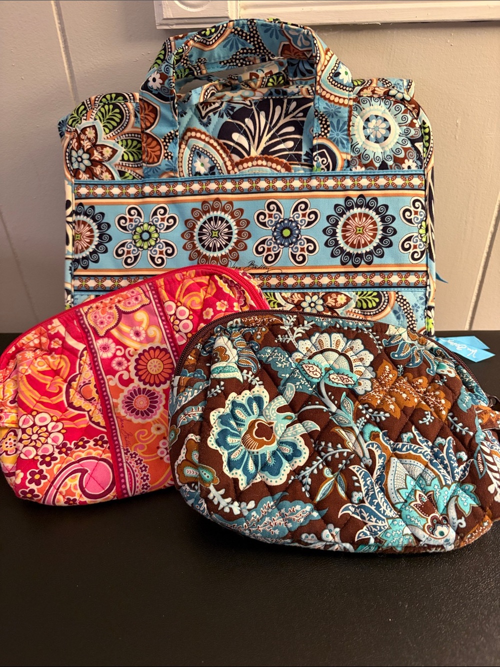 Vera Bradley Quilted Cosmetic Pouches and Bali Blue hanging travel bag.